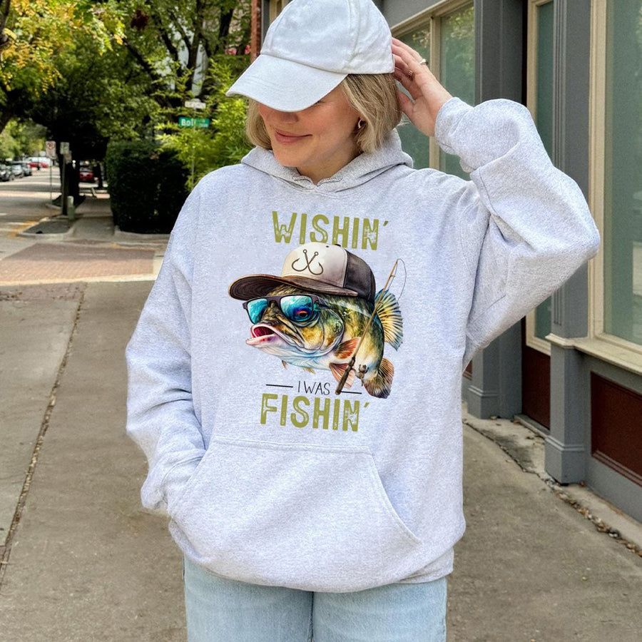 Wishin' I Was Fishin' Hoodie | Cool Bass Fisherman Graphic | Premium Cotton Blend Unisex Pullover | Funny Fishing Gift for Anglers