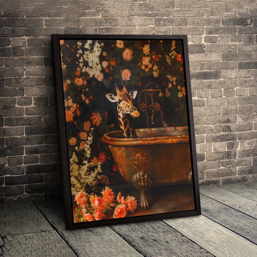 Giraffe In Bathtub Wall Art | Floral Moody Bathroom Decor | Premium Gallery Wrap Canvas | Unique Animal Lover Gift