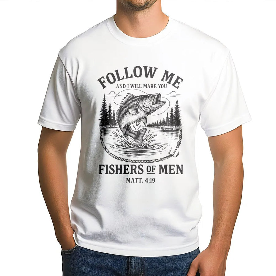 Fishers Of Men T-Shirt | Matthew 4:19 Christian Bible Verse | 100% Cotton Premium Graphic Tee | Religious Fishing Gift For Men And Women