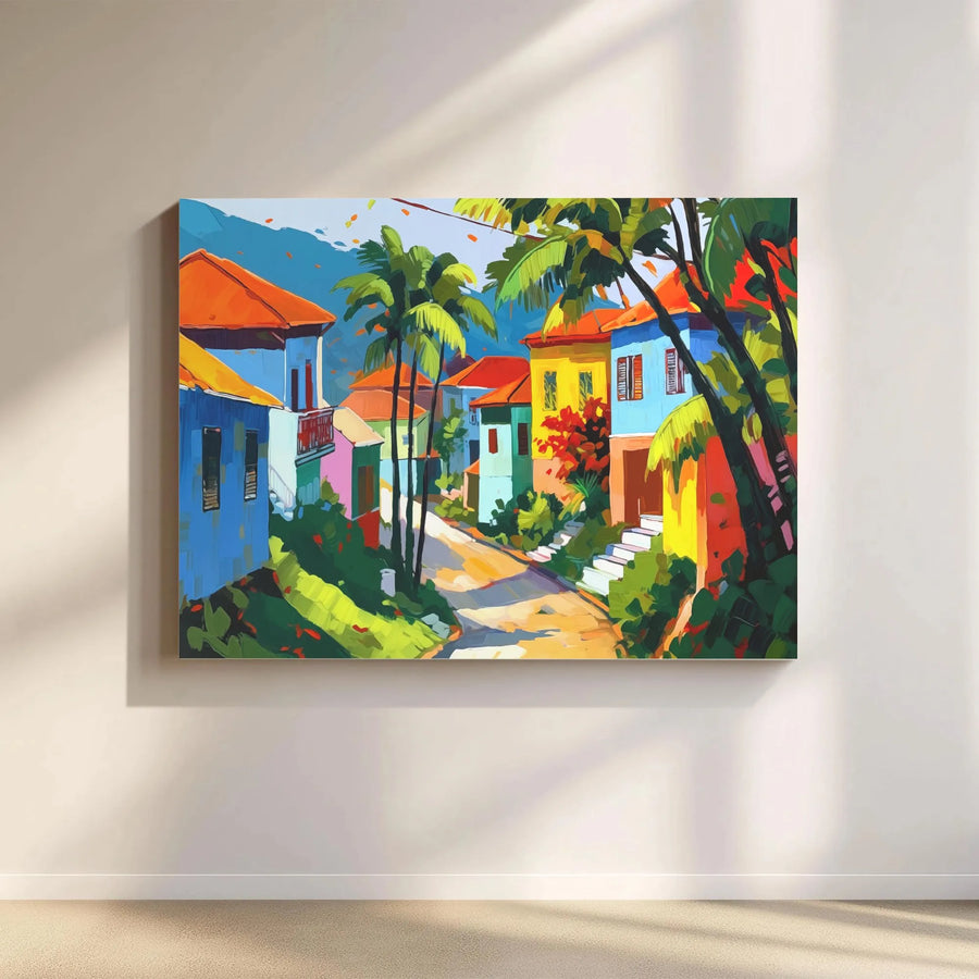 Caribbean Village Canvas Wall Art | Vibrant Tropical Town Painting | Premium Fade-Resistant Print | Modern Coastal Home Decor Gift