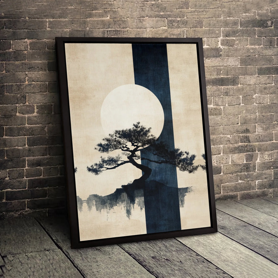 Japanese Bonsai Tree Canvas Wall Art | Minimalist Zen Sun Silhouette | Premium Gallery Wrapped Decor | Modern Living Room Home Gift