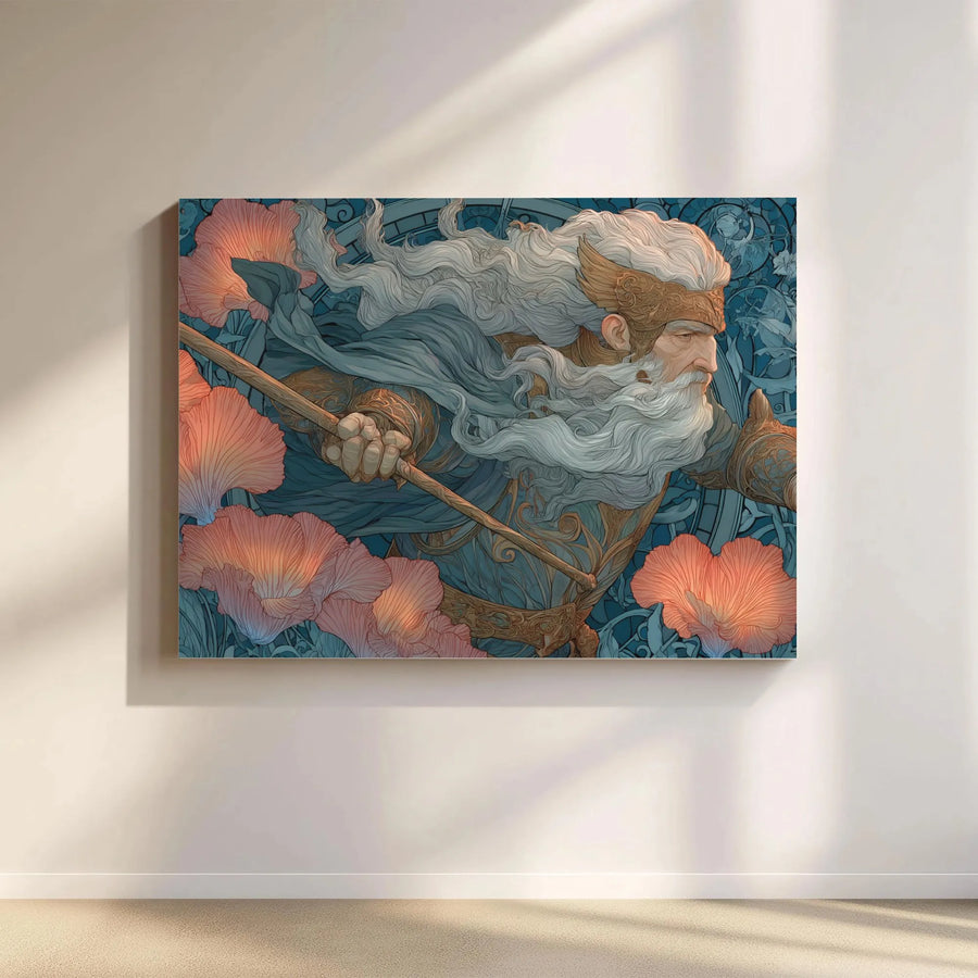 Norse Mythology Canvas Wall Art | Odin God Portrait Art Nouveau Print | Premium Gallery Wrapped Decor | Mythological Home Office Decor Gift