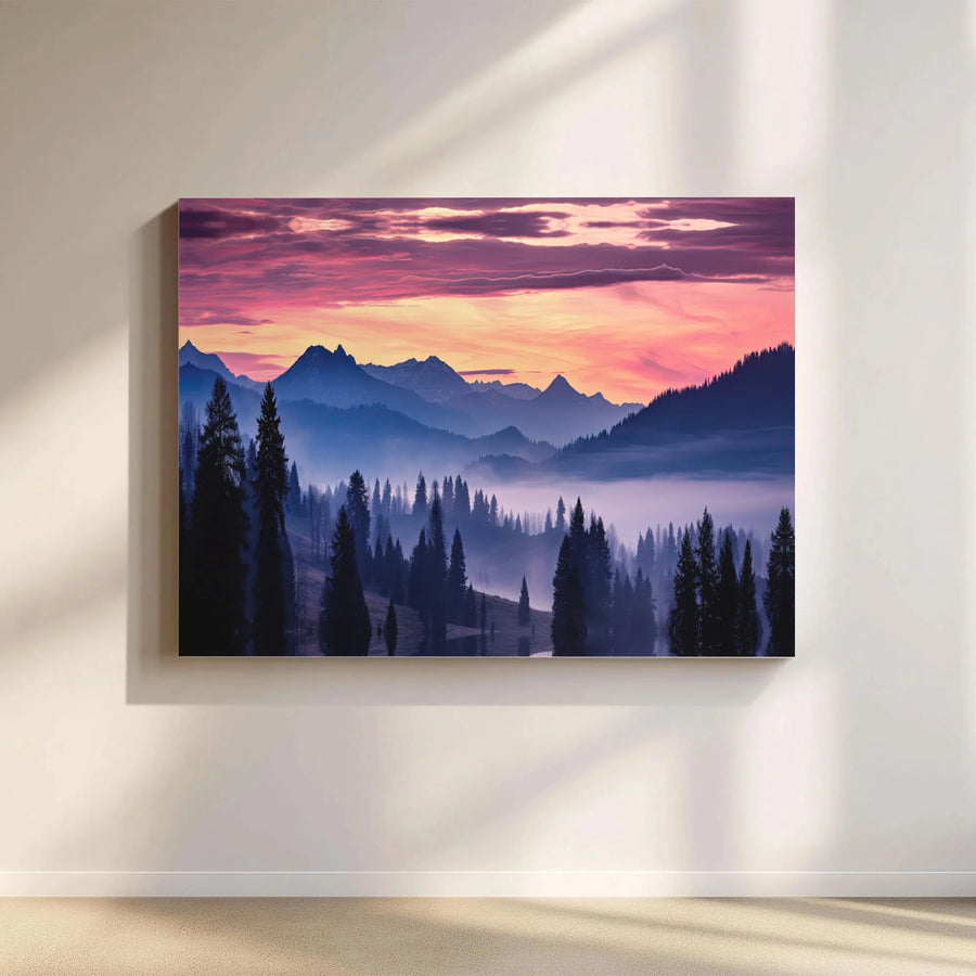 Mountain Landscape Canvas Print | Misty Pine Forest Sunrise Art | Premium Gallery Wrapped Canvas | Nature Lover Home Decor Gift