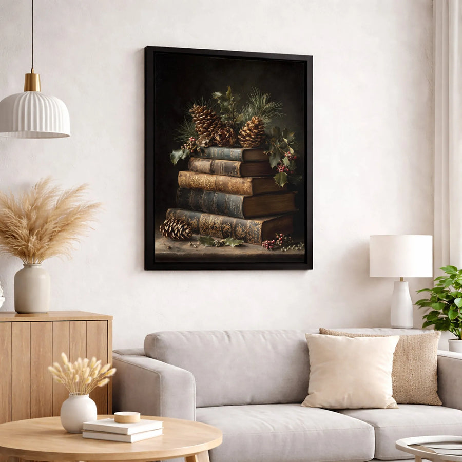 Vintage Book Stack Canvas Art | Christmas Still Life with Pine Cones & Holly | Premium Gallery Wrap Wall Decor | Festive Holiday Home Gift
