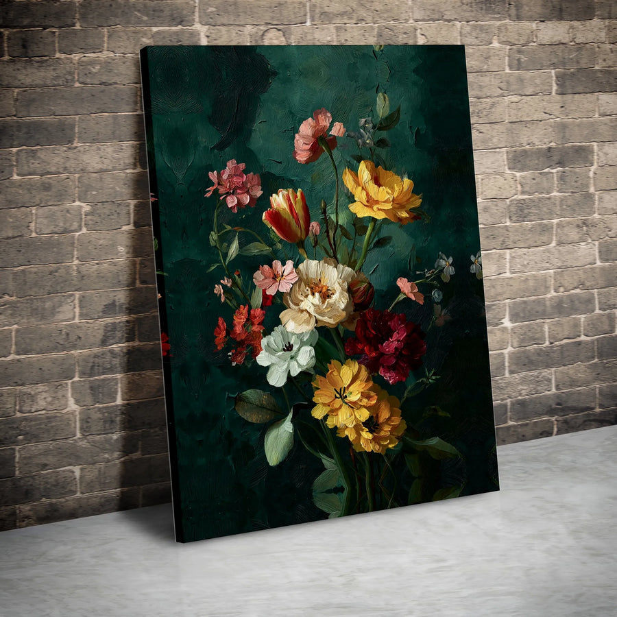 Vintage Floral Bouquet Canvas Print | Moody Botanical Oil Painting Wall Art | Premium Gallery Wrapped | Fine Art Decor for Living Room