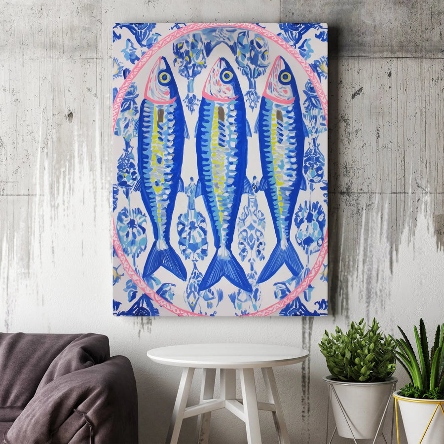 Blue Fish Canvas Wall Art | Mediterranean Azulejo Tile Print | Premium Gallery Wrap Decor | Coastal Kitchen Beach House Gift