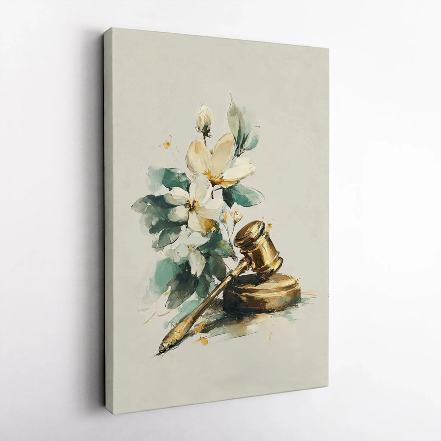 Judge Gavel Watercolor Canvas Art | Floral Law Office Decor | Premium Gallery Wrap Print | Graduation Gift for Lawyer or Attorney