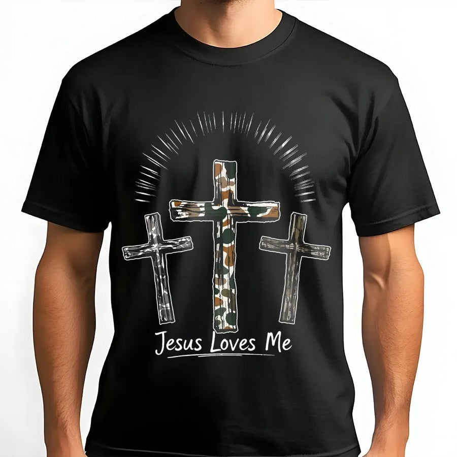 Jesus Loves Me Cross T-Shirt | Camo Faith Religious Graphic Print | Premium Soft Cotton | Christian Gift for Men and Women