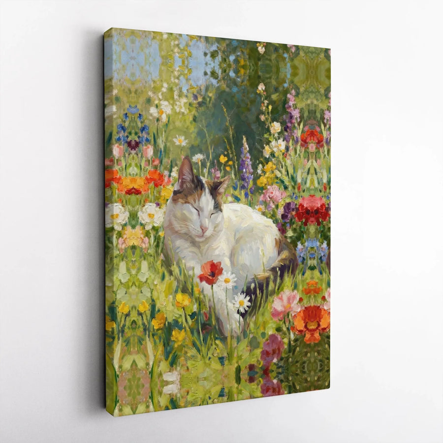 Sleeping Cat Canvas Art | Impressionist Painting in Wildflower Meadow | Premium Gallery Wrapped Print | Gift for Cat Lover Home Decor