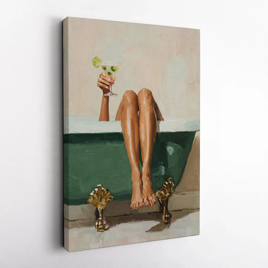 Relaxing Bathroom Wall Art Canvas | Woman in Clawfoot Tub with Cocktail Print | Premium Frameless Gallery Wrap | Chic Home Decor Gift for Her