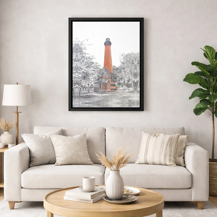 Lighthouse Canvas Wall Art | Nautical Red Brick Sketch Print | Premium Gallery Wrapped Decor | Coastal Home Office Gift