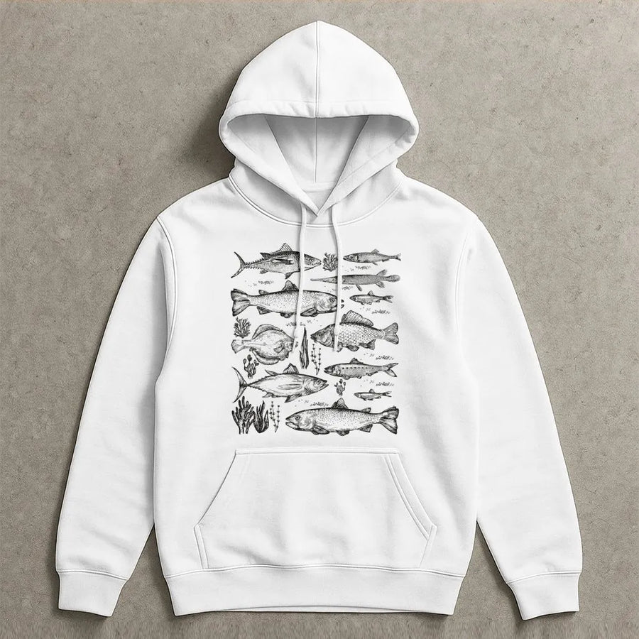 Fishing Hoodie | Vintage Fish Illustration Sketch | Premium Cotton Blend | Gift for Angler Fishermen Nature Lovers