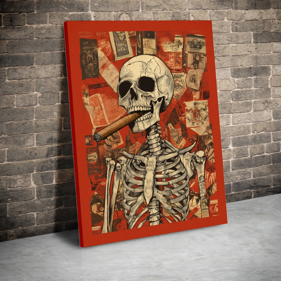 Skeleton Smoking Cigar Wall Art | Vintage Collage Aesthetic Print | Premium Gallery Wrapped Canvas | Edgy Home Office Decor Gift