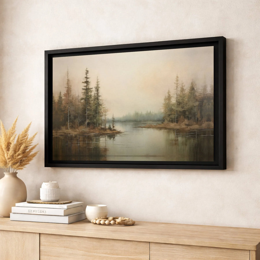 Misty Forest Landscape Canvas | Moody Pine Lake Reflection Wall Art | Premium 1.25-Inch Gallery Wrap | Nature Home Decor Gift for Living Room