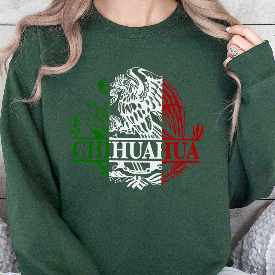 Chihuahua Mexico Eagle Emblem Sweatshirt | Vintage Mexican Flag Graphic | Premium Cotton Blend Crewneck | Heritage Gift for Proud Mexican Heritage