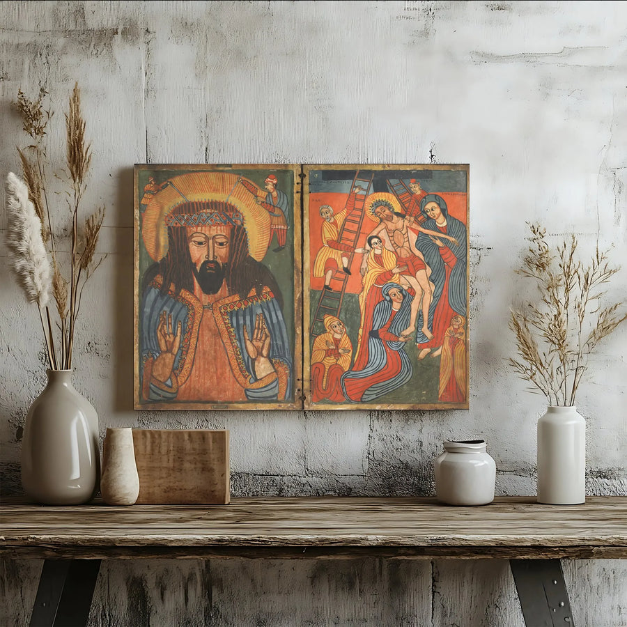 Ethiopian Christian Art Canvas Print | Vintage Passion of Christ Diptych | High-Resolution Gallery Canvas | Spiritual Home Decor Gift