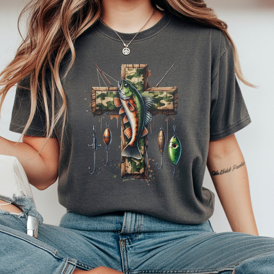 Fishing Cross T-Shirt | Camo Wood Religious Bass Fish Design | Premium 100% Cotton | Faith Based Gift for Fisherman and Dad