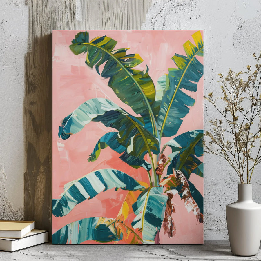 Tropical Banana Leaf Canvas Wall Art | Pink Abstract Botanical Print | Gallery Wrapped Premium Decor | Modern Living Room Home Office Gift