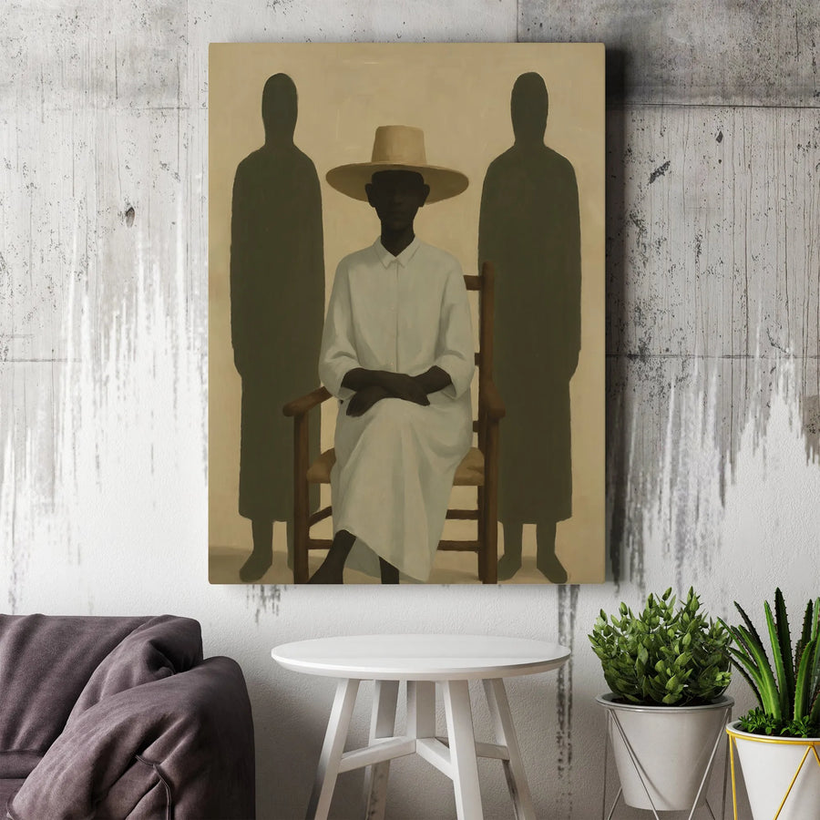 Surreal Figurative Canvas Wall Art | Seated Figure With Shadows | Gallery Wrapped Premium Print | Modern Minimalist Home Decor