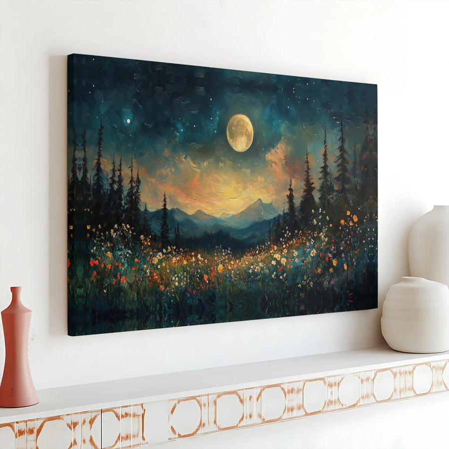 Moonlit Wildflower Meadow Canvas Art | Celestial Forest & Mountain Landscape | Premium Gallery Wrapped Canvas | Boho Living Room Decor Gift