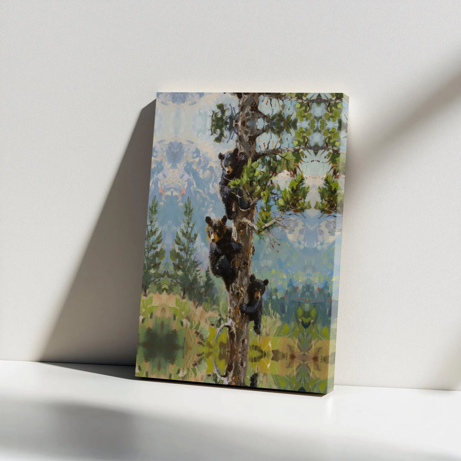 Bear Cubs Canvas Wall Art | Three Cubs Climbing Tree Painting | Premium 1.25" Gallery Wrapped Canvas | Rustic Lodge Decor Gift for Nature Lovers
