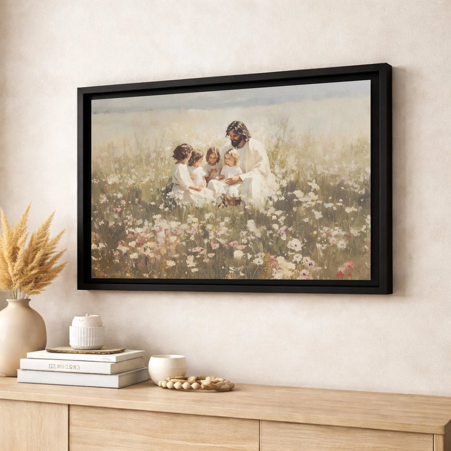 Jesus With Children In Wildflower Field Canvas | Christian Wall Art Print | Premium Gallery Wrap | Religious Home Decor Gift