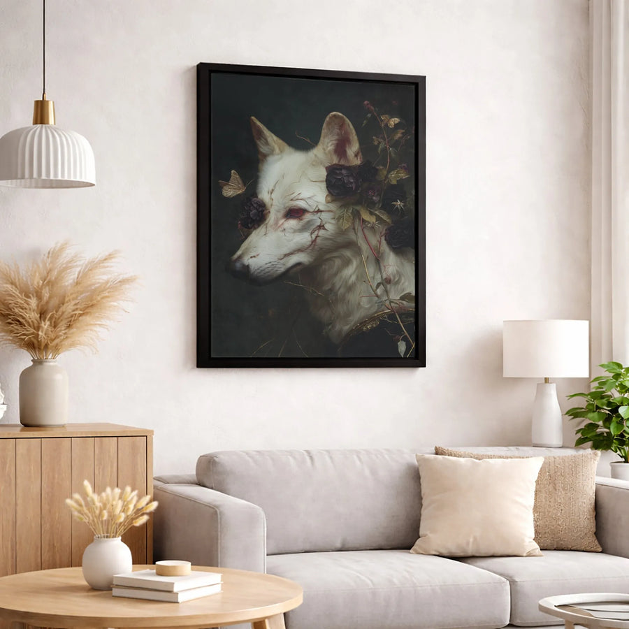 Gothic White Wolf Wall Art | Dark Floral Surrealist Portrait | Premium Gallery Canvas | Ethereal Fantasy Gift for Gothic Home Decor