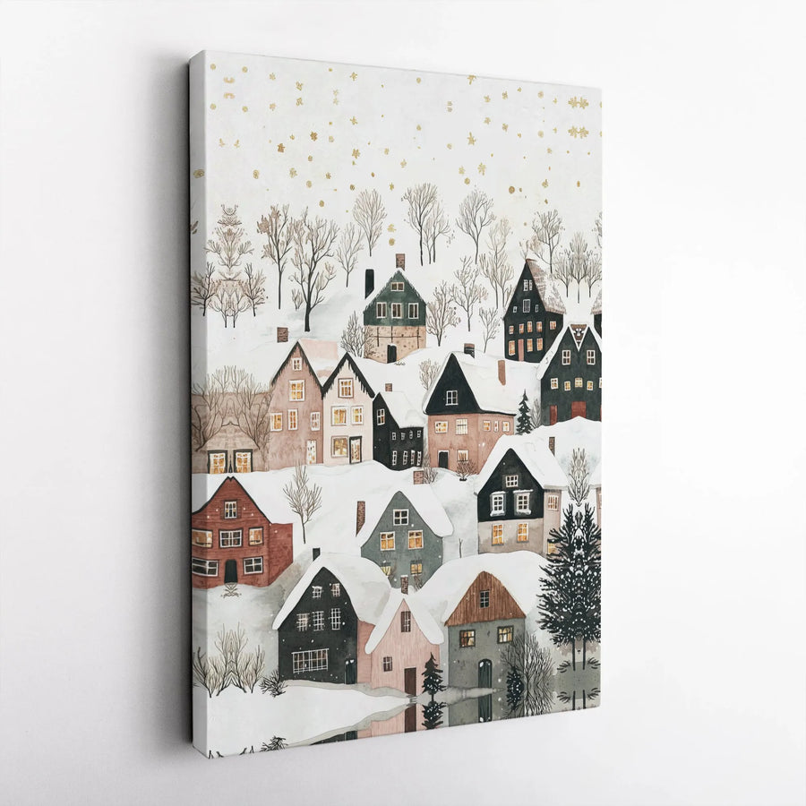 Winter Village Canvas Wall Art | Snowy Watercolor Christmas Town with Gold Snowfall | Premium Gallery-Wrapped Print | Holiday Home Decor Gift