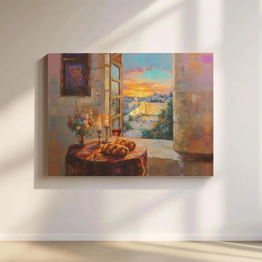 Jerusalem Western Wall Canvas Art | Shabbat Challah and Candlelight Scene | Premium Gallery-Wrapped Print | Jewish Home Decor and Religious Gift