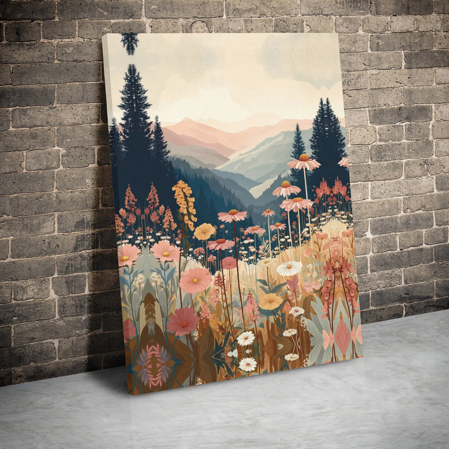 Wildflower Meadow Canvas Print | Mountain Landscape Wall Art | Premium Gallery Wrap Stretched Canvas | Nature-Inspired Home Decor Gift