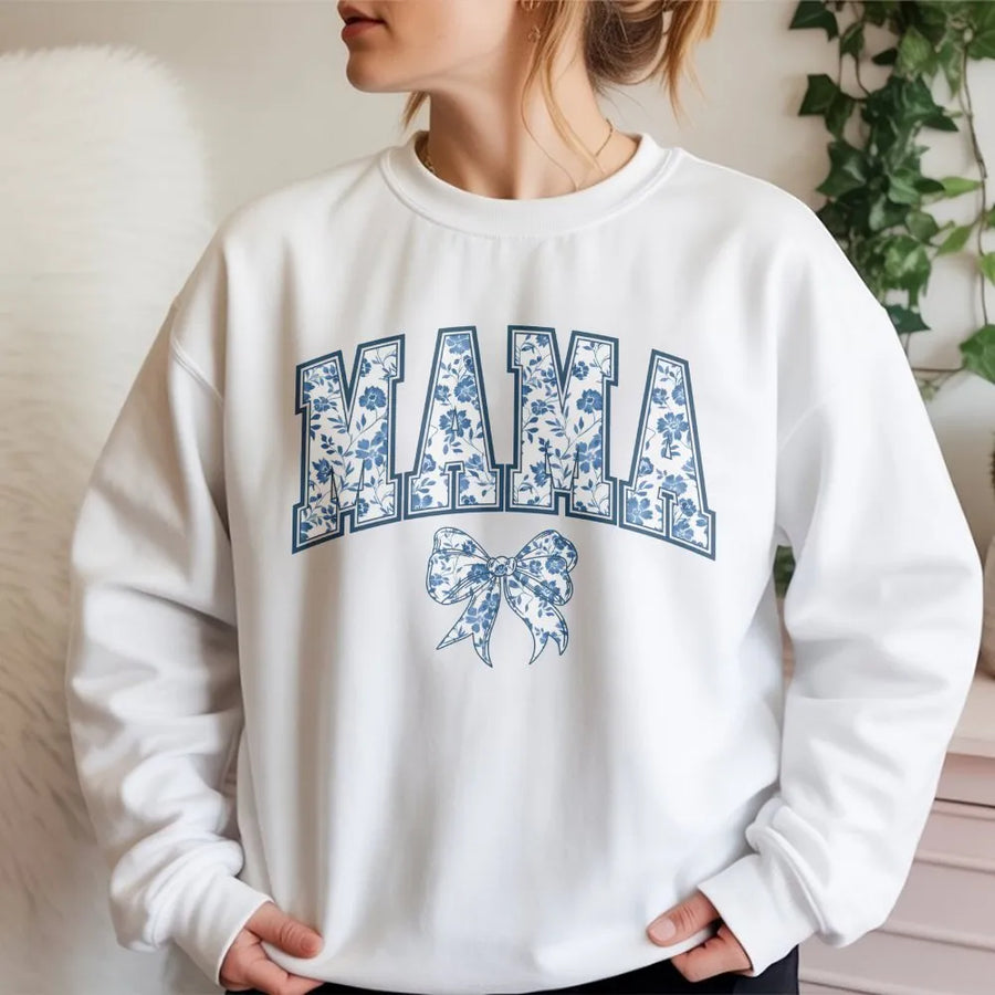 Overstimulated Moms Club Sweatshirt | Blue Floral Varsity Mama Design | Cozy Cotton Pullover | Funny Mother's Day Gift for New Mom