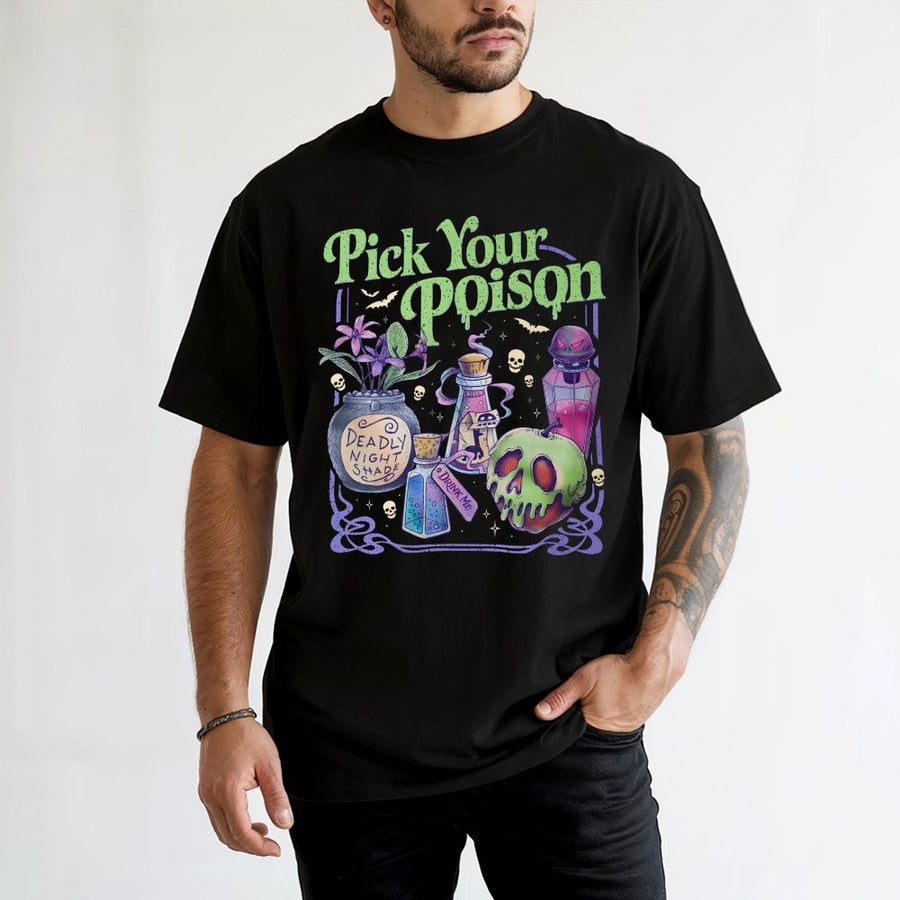 Pick Your Poison T-Shirt | Spooky Witchy Potion Bottle Design | 100% Soft Cotton Premium Tee | Halloween Graphic Gift for Women & Men