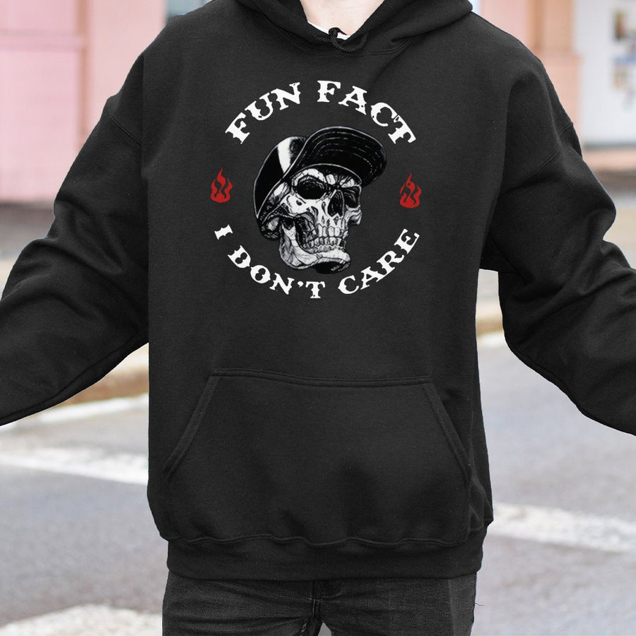 Fun Fact I Don't Care Hoodie | Edgy Skull Graphic Pullover | Premium Cotton-Blend Streetwear | Sarcastic Gift for Men and Women