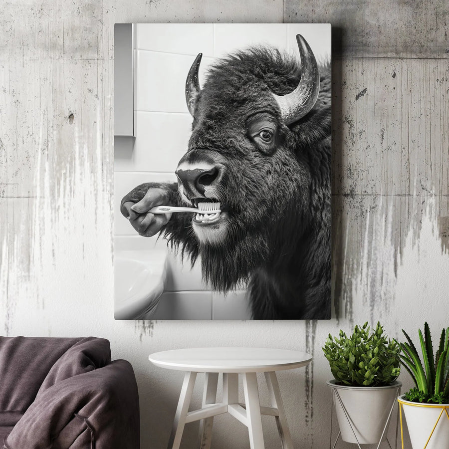 Funny Bison Brushing Teeth Canvas | Black & White Animal Photography | Premium Gallery Wrapped Print | Quirky Bathroom Wall Decor Gift