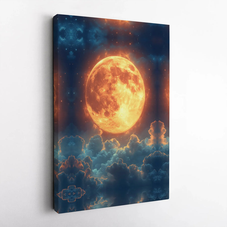 Full Moon Canvas Wall Art | Glowing Orange Celestial Night Sky | Premium Gallery Wrapped Print | Dreamy Home Decor for Bedroom or Living Room