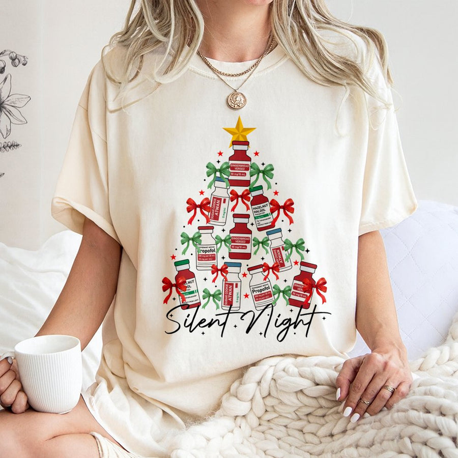 Silent Night Christmas T-Shirt | Medical Vials Xmas Tree Design | Premium 100% Cotton | Funny Gift for Nurses & ICU Staff