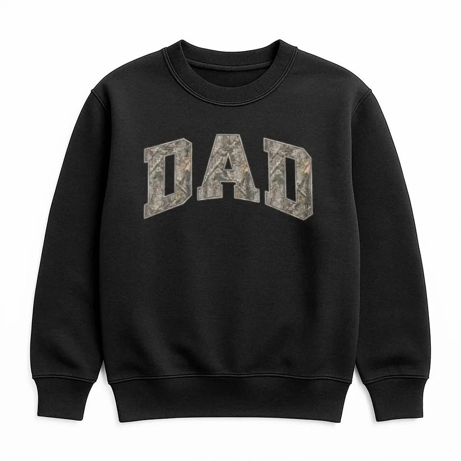 Camo Dad Sweatshirt | College Style Camouflage Print | Premium Cotton Blend Pullover | Gift for New Father, Hunter Dad, Outdoorsman