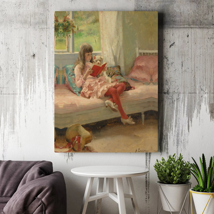 Girl Reading With Dog Canvas Wall Art | Albert Edelfelt Vintage Oil Painting Print | Premium Gallery Wrapped Decor | Classic Fine Art Gift