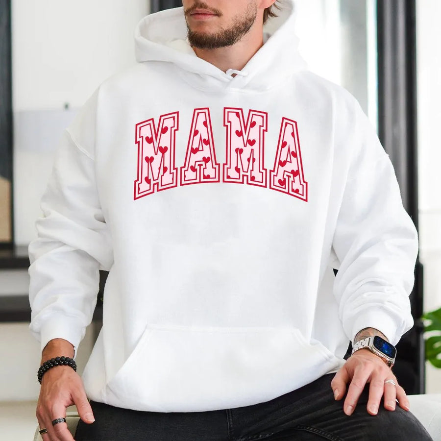 Mama Hoodie with Heart Design | Varsity Letter Mama Sweatshirt | Premium Cotton Blend | Cute Valentine's Day Gift for Mom and Wife