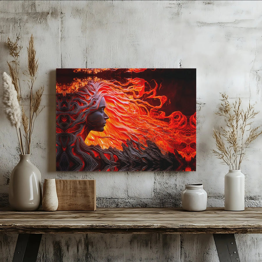 Fire Goddess Canvas Wall Art | Abstract Lava Hair Portrait | Premium Fade-Resistant Gallery Wrap | Bold Fantasy Decor for Home or Office
