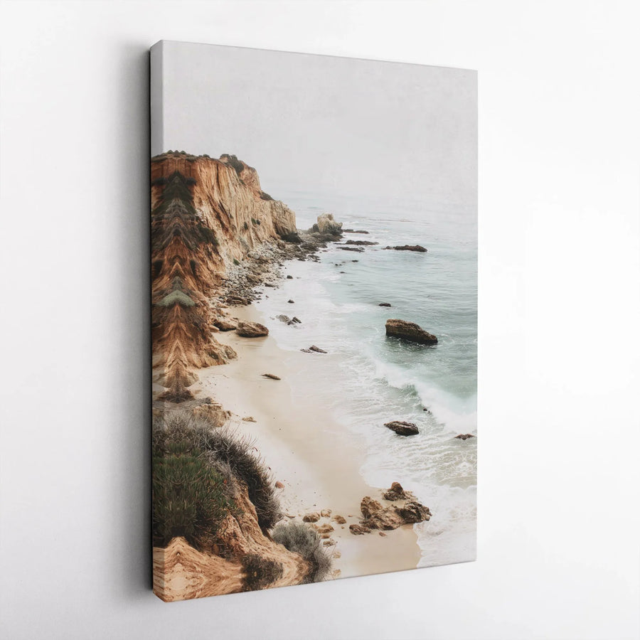 Coastal Beach Ocean Waves Vertical Canvas | Rugged Cliffs & Sandy Shore Landscape Print | 1.25" Thick Gallery Wrap Frameless Wall Art | Serene Beach House Decor Gift