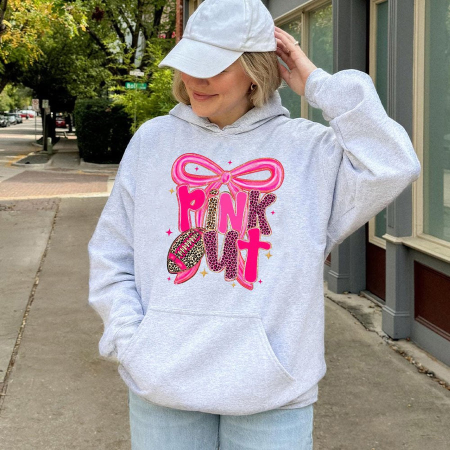 Pink Out Football Hoodie | Coquette Bow and Leopard Print Design | Premium Cotton Blend | Breast Cancer Awareness Game Day Gift for Women
