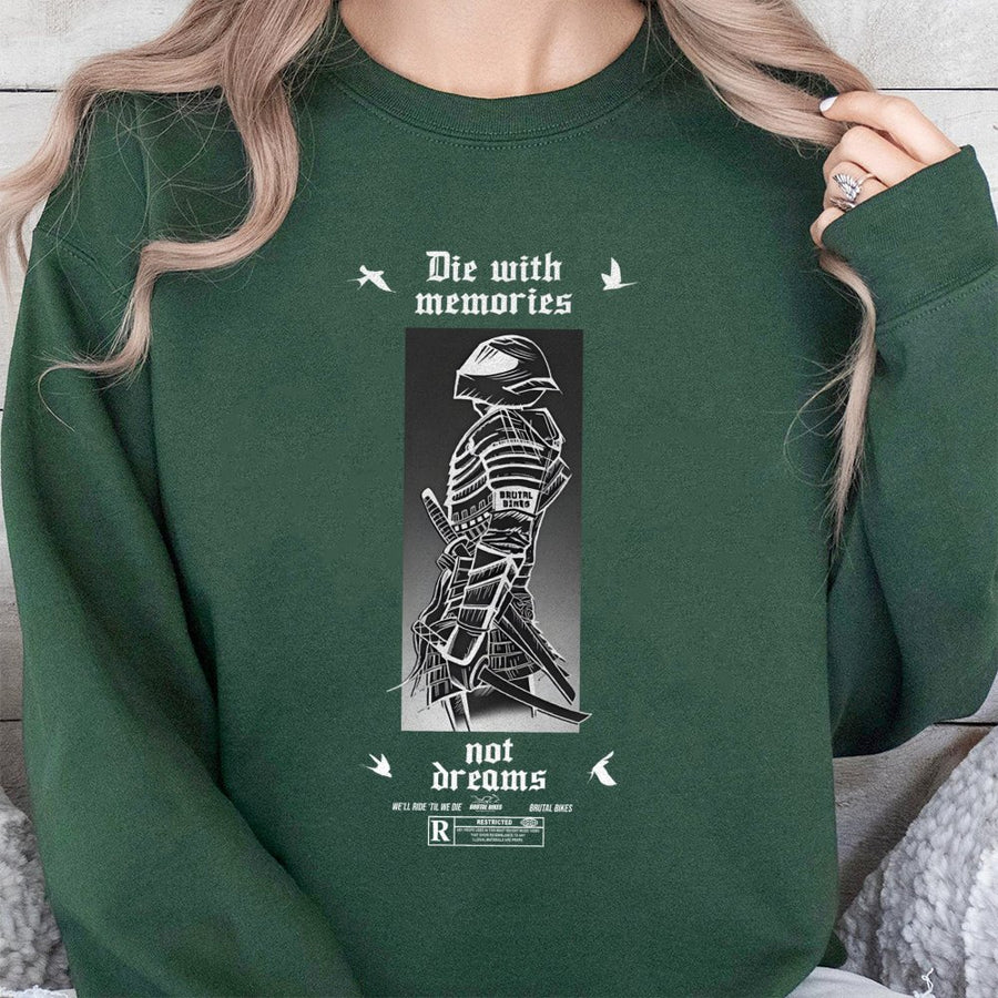 Die With Memories Not Dreams Sweatshirt | Samurai Biker Graphic Print | Cotton Blend Crewneck | Unisex Urban Streetwear Gift for Motorcyclists