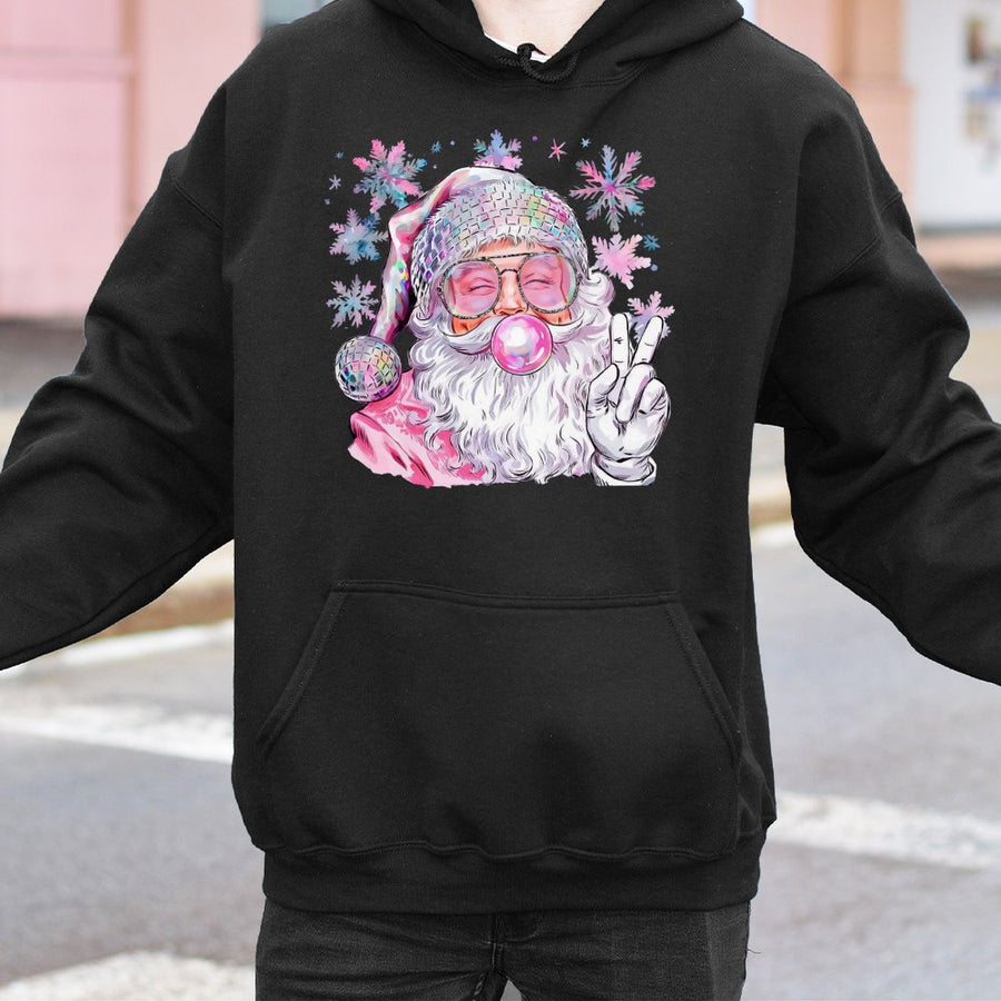 Disco Santa Hoodie | Bubble Gum Peace Sign Graphic | Premium Cotton Blend | Funny Christmas Gift for Women and Men