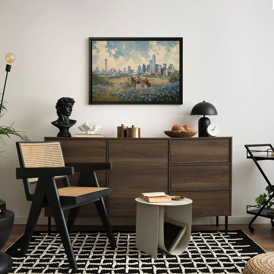 Dallas Skyline Canvas Print | Texas Longhorn & Bluebonnets Landscape | Premium Gallery-Wrapped Art | Texas Home Decor Gift