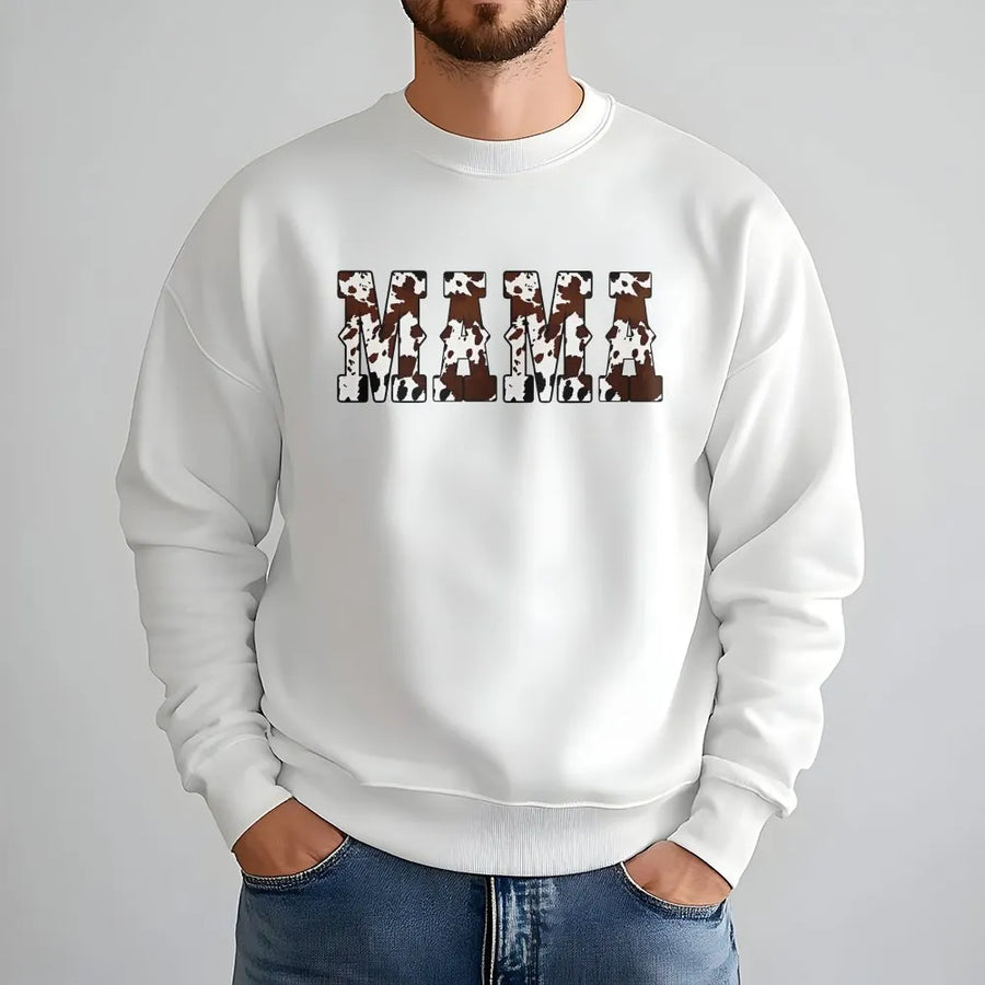 Mama Sweatshirt | Western Cow Print Varsity Letters | Premium Cotton Blend Crewneck | Cute Gift for Mom, Country Style Mother's Day 2026 Apparel
