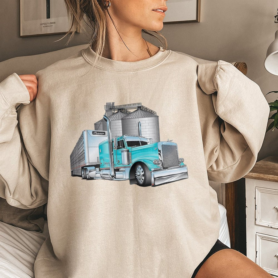 Semi Truck Sweatshirt | Blue Livestock Trailer Graphic | Premium Cotton Blend Crewneck | Gift for Trucker Driver Farmer