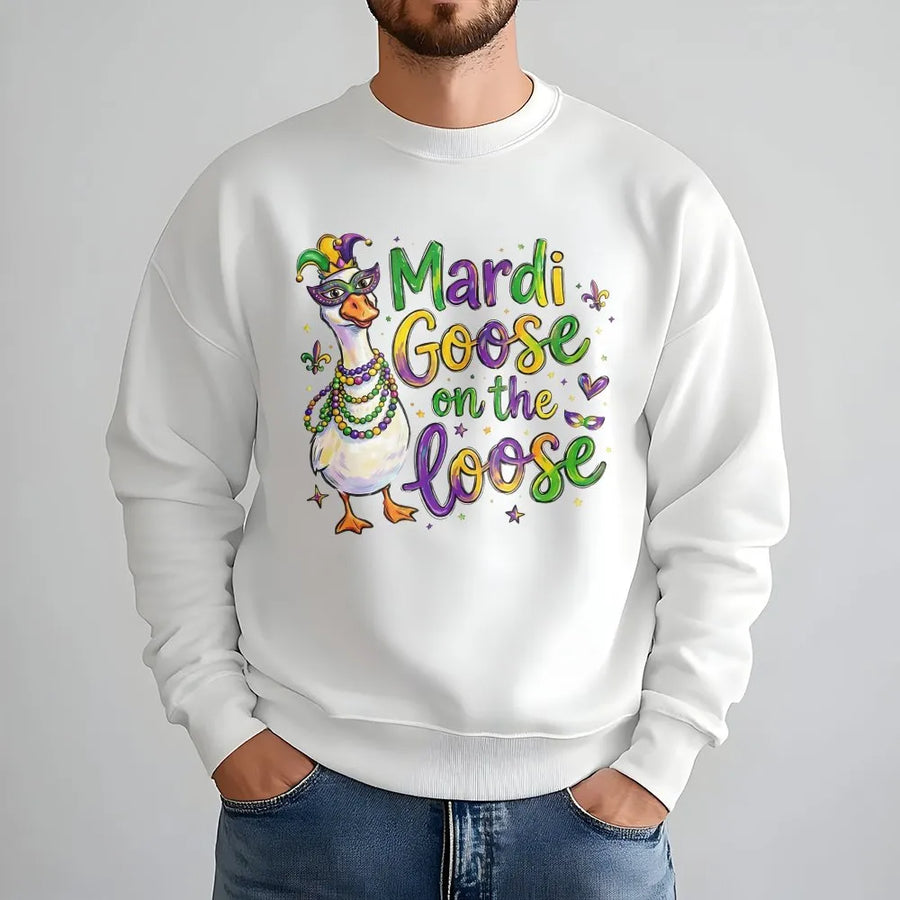 Mardi Goose On The Loose Sweatshirt | Funny Mardi Gras Party Design | Premium Cotton Blend | New Orleans Parade Gift For Her And Him