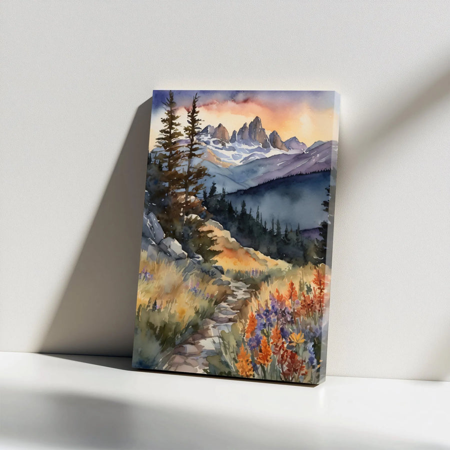 Watercolor Mountain Landscape Canvas | Scenic Pine Tree & Wildflower Trail | Premium High-Resolution Print | Rustic Home Decor Gift for Nature Lover