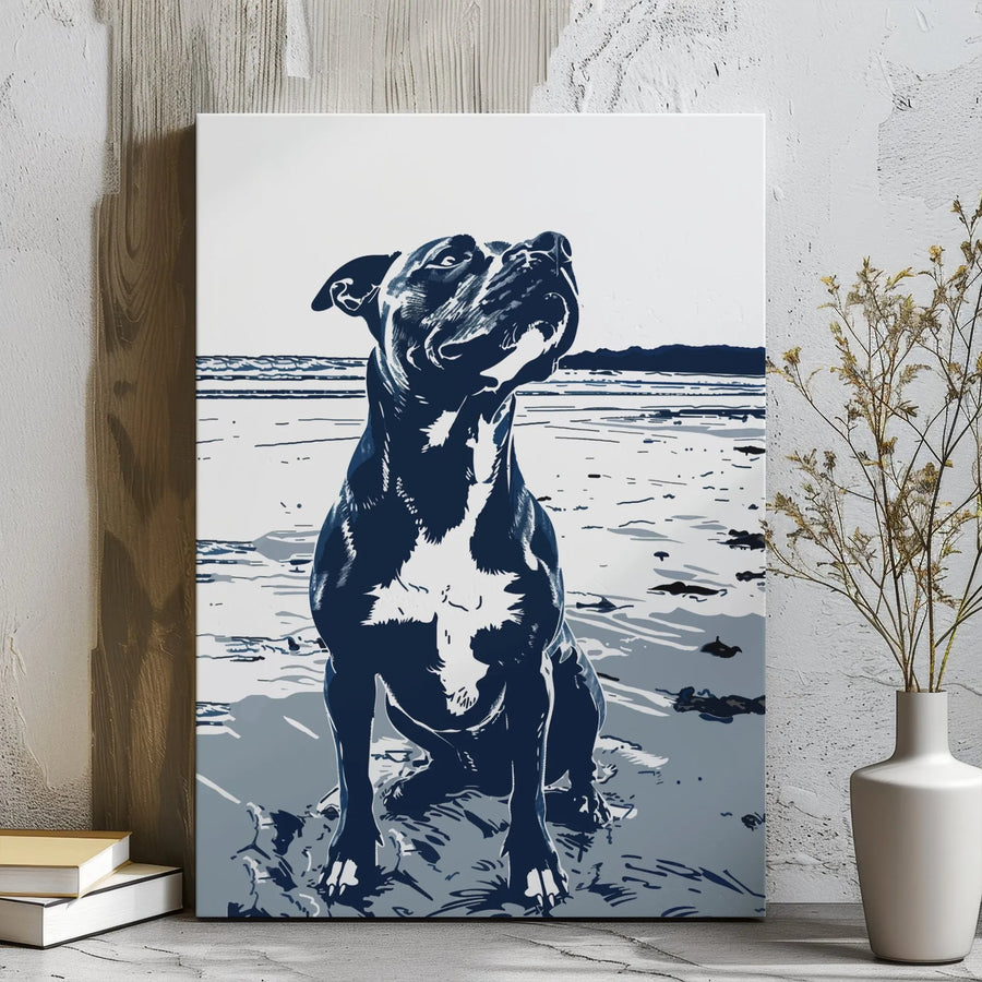 Pit Bull Dog Wall Art | Stylized Beach Portrait | Premium Gallery Wrap Canvas | Modern Gift for Dog Lovers
